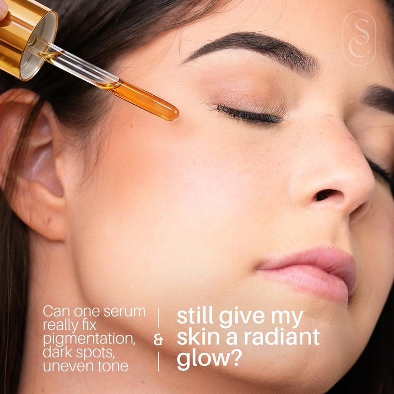 May include: A woman's face with a dropper applying a golden serum. The image includes text asking if a serum can fix pigmentation, dark spots, and uneven tone, and give a radiant glow. A beauty product.