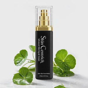 May include: A black Skin Centrick Advanced Skin Repair Serum bottle with a gold pump and clear cap. The bottle is surrounded by green leaves. The text "Glow Like Never Before" and "75ml e 2.54 fl oz" are visible.