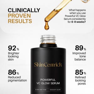 May include: A black SkinCentrick Powerful VC Glow Serum bottle with a dropper dispensing a golden liquid. The image includes text stating "Clinically Proven Results" and percentages for skin improvements like brighter skin and reduced pigmentation.