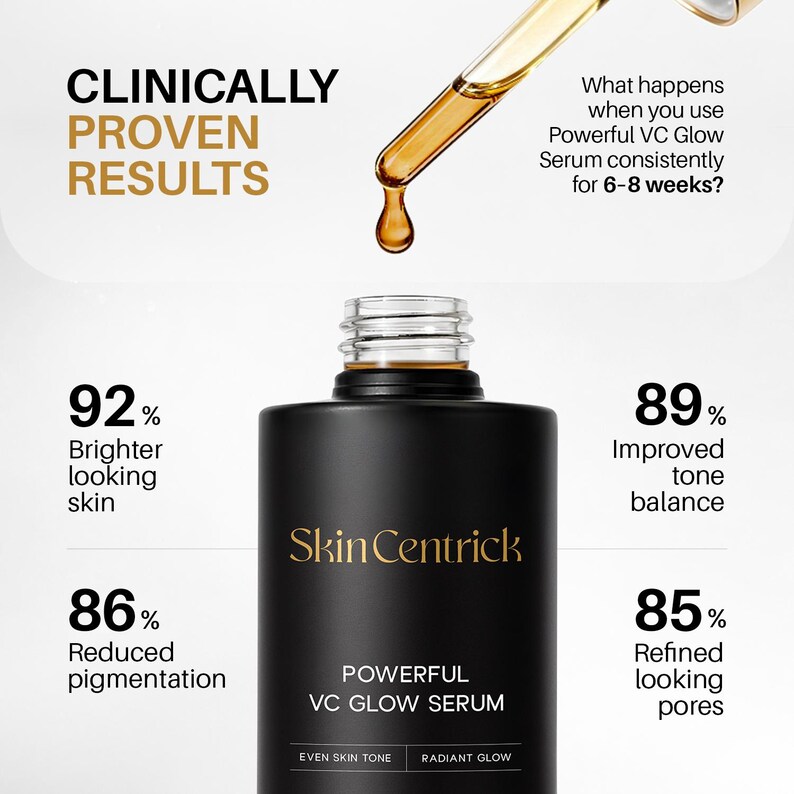 May include: A black SkinCentrick Powerful VC Glow Serum bottle with a dropper dispensing a golden liquid. The image includes text stating "Clinically Proven Results" and percentages for skin improvements like brighter skin and reduced pigmentation.