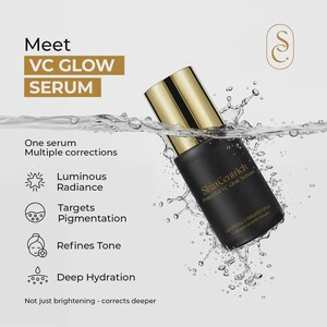 May include: A black serum bottle with a gold cap in water. The bottle is labelled "SkinCentrick Powerful VC Glow Serum." The image text says "Meet VC Glow Serum" and lists benefits including luminous radiance and deep hydration.