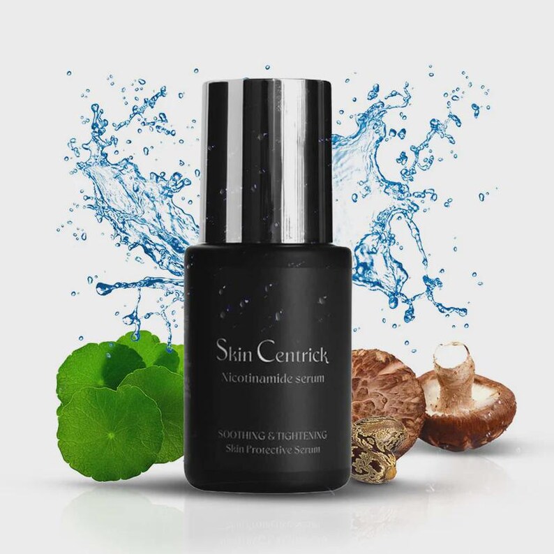 May include: A black serum bottle with a silver cap, labeled "Skin Centrick Nicotinamide serum." The image includes green leaves, mushrooms, and a water splash effect. The text on the bottle also reads "SOOTHING & TIGHTENING Skin Protective Serum."