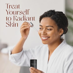 May include: A woman applying skincare serum from a black bottle with a dropper. The bottle has white text that reads "Skin Comet". The image also includes the text "Treat Yourself to Radiant Skin". The woman is wearing a white robe and smiling.