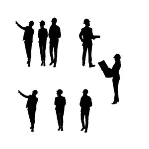 Può includere: Silhouettes di sei persone che indossano caschi da cantiere. Alcune tengono in mano progetti e indicano con il dito.