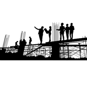 May include: Silhouette of construction workers on a scaffolding platform, inspecting a building under construction.