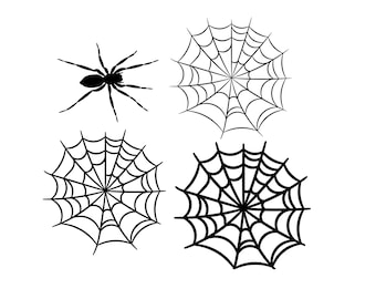 Può includere: Una silhouette nera di un ragno e quattro ragnatele. Le ragnatele sono circolari e hanno un design radiale.