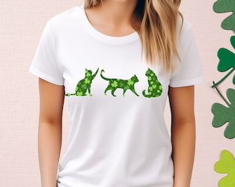 Lucky Cat Shirt, Gift for Cat Mom, Three Cats, Mothers Day Gift, St Patricks Day Shamrocks, St Pattys Unisex Green T-Shirt, Cat Lover Gift