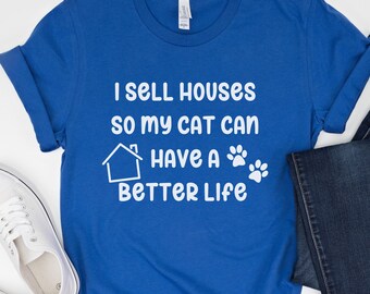 Camiseta para dueños de gatos de bienes raíces, regalo para agentes inmobiliarios, humor de la casa, estética, estilo universitario moderno, cuello redondo, vendida por Home Advice.