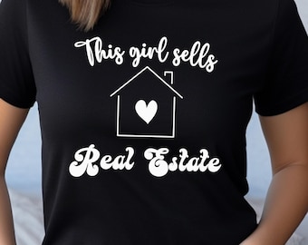 Camiseta de bienes raíces, regalo para agente inmobiliario, humor de la casa, estética, estilo retro, cuello redondo, cierre. Esta chica vende bienes raíces. Agente inmobiliario.
