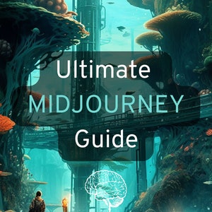 May include: A digital art illustration of a futuristic underwater city with a person walking on a path. The city is made of metal structures and has a blue and green color scheme. The text "Ultimate Midjourney Guide" is displayed on the image.