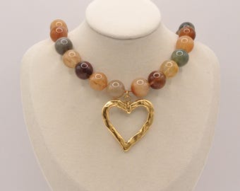 Statement Quartz Beaded Necklace, Heart Pendant, Knotted in Silk Cord, 14K Gold Filled