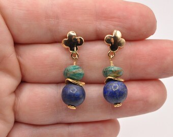 Chrysocolla and Lapis Lazuli Dangle Earrings: 14K Gold Filled, Wire Wrapped Boho Jewelry