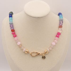 Rainbow Gemstone Necklace: 21&quot; Knotted Silk, Gold Filled Clasp