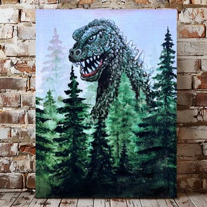 Giant Monster Reptile Lizard Kaiju In Forest Canvas Gallery Wrap, Funny Giant Lizard Painting, Monster Movie Lover Gift, Funny Kaiju Gift