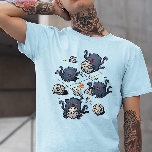 Camiseta Displacer Beast Kitten & Dice DnD, Camiseta fofa para jogos de RPG de mesa Dungeons and Dragons, Presente para Mestre ou Jogador, Camiseta para Gamer Nerd