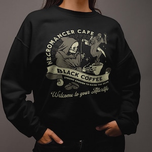 Necromancer Cafe Sweatshirt, Dungeons and Dragons Sweat Shirt, DnD Pullover, D&D Coffee Top, Funny Comfy Shirt, Gamer Gift, TTRPG Pullover