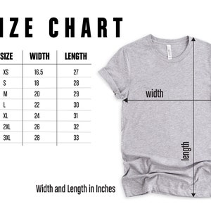 K&ouml;nnte beinhalten: Gr&ouml;&szlig;entabelle f&uuml;r ein T-Shirt mit Ma&szlig;en in Zoll f&uuml;r Breite und L&auml;nge. Die Gr&ouml;&szlig;en umfassen XS, S, M, L, XL, 2XL und 3XL.