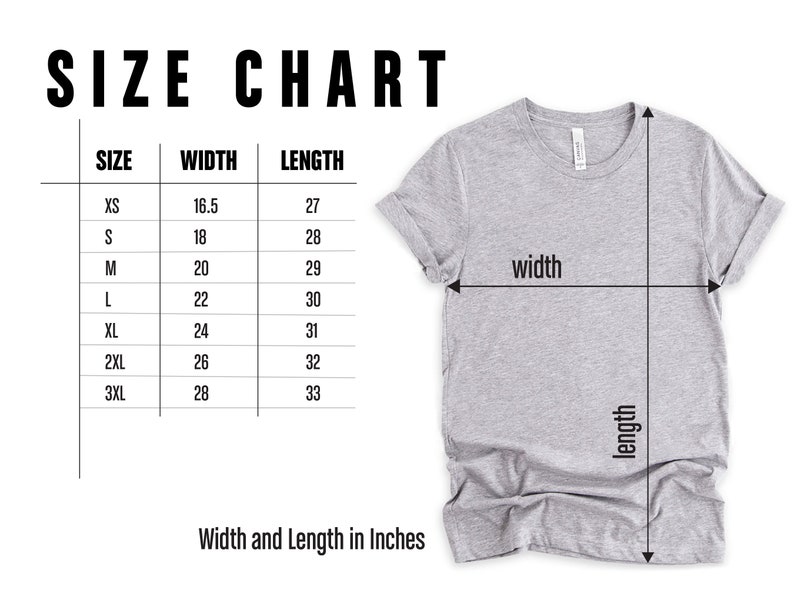 K&ouml;nnte beinhalten: Gr&ouml;&szlig;entabelle f&uuml;r ein T-Shirt mit Ma&szlig;en in Zoll f&uuml;r Breite und L&auml;nge. Die Gr&ouml;&szlig;en umfassen XS, S, M, L, XL, 2XL und 3XL.