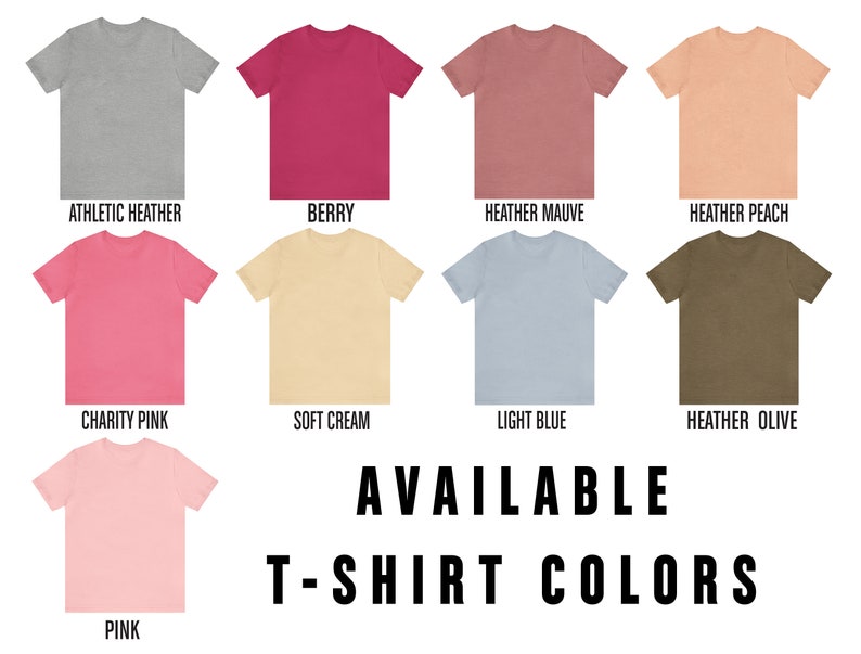 K&ouml;nnte beinhalten: Eine Tabelle mit 10 verschiedenen T-Shirt-Farben, die zum Kauf angeboten werden. Die Farben sind: Sportliches Grau, Beere, Heidekraut-Lila, Heidekraut-Pfirsich, Charity Pink, Soft Cream, Hellblau, Heidekraut-Olivengr&uuml;n und Pink. Der Text "VERF&Uuml;GBARE T-SHIRT-FARBEN" wird unter der Tabelle angezeigt.
