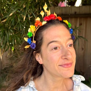 Gay pride flower crown | Rainbow rose and gold leaf crown | Vibrant clay rose crown | bright flower crown