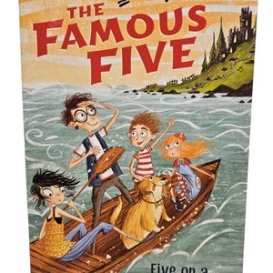 May include: A book cover for "The Famous Five: Five on a Treasure Island" by Enid Blyton. The cover features an illustration of five children and a dog in a boat on water, with a castle in the background. The title is in large red letters.