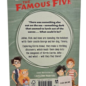 May include: Back cover of "The Famous Five" book. The cover features illustrations of Julian, Dick, Anne, George, and Timmy. Text includes the title, author, and a brief plot summary. The book has a price tag of $9.99.