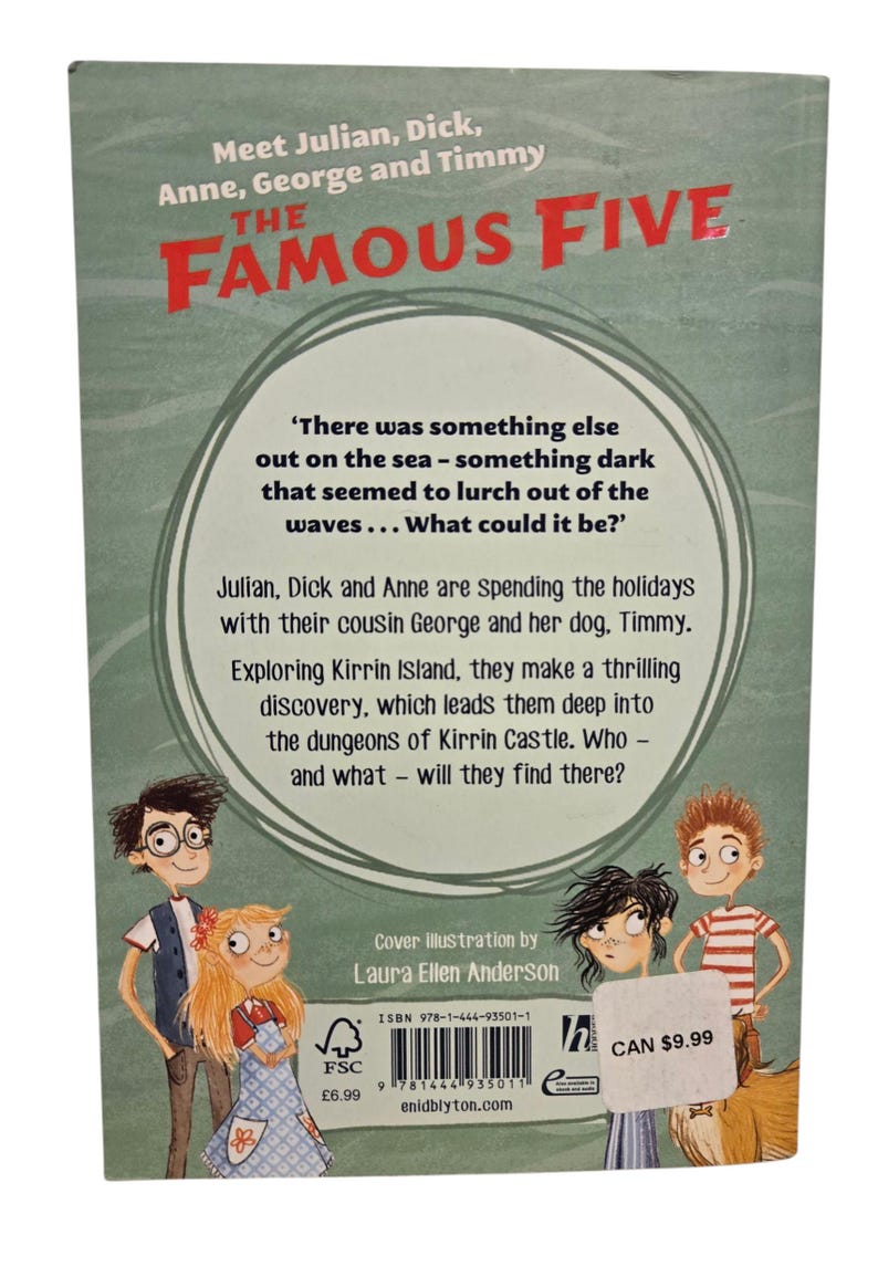 May include: Back cover of "The Famous Five" book. The cover features illustrations of Julian, Dick, Anne, George, and Timmy. Text includes the title, author, and a brief plot summary. The book has a price tag of $9.99.