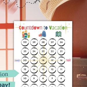 Calendario de cuenta regresiva para vacaciones, plantilla imprimible de cuenta regresiva para vacaciones, calendario de cuenta regresiva para viajes familiares, contando los días hasta las vacaciones