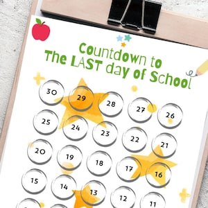 May include: A printable countdown calendar for the last day of school. The calendar features a yellow star with a number 29 in the center, surrounded by 30 circles with numbers 1 through 30. The circles are arranged in a spiral pattern. The words "Countdown to The LAST day of School" are at the top of the calendar. The word "SUMMER" is at the bottom of the calendar.