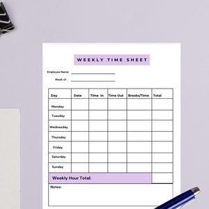 May include: A black and white printable weekly time sheet with a purple header. The sheet includes columns for day, date, time in, time out, breaks/time, and total. There is a section for notes and spaces for employee and employer signatures.