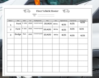 May include: A white fleet vehicle roster form with columns for vehicle number, make, model, year, vehicle registration, plate, color, registration expiration, inspection due, and inspection completed. The form lists three vehicles: a Ford F-150, a Ford F-150, and a Dodge Ram.