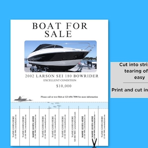 May include: A black and white boat for sale. The boat is a 2002 Larson Sei 180 Bowrider in excellent condition. The price is $10,000. The image includes a tear-off strip for easy sharing.