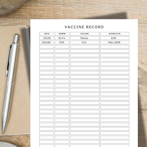 May include: A white "VACCINE RECORD" sheet with a table, pen, and coffee cup on a wooden surface. The table includes columns for date, location, vaccine, and expiration. The text "PDF Print and Go" is at the top.