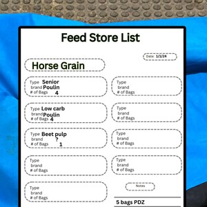 May include: A white sheet of paper with a black border, titled "Feed Store List". The sheet is divided into a grid with boxes for listing different types of horse feed, including senior grain, low carb, beet pulp, and shavings. The list includes the type of feed, brand, and number of bags needed. The date is 1/1/24.