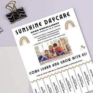 Daycare opening advertising opening flyer for childcare services, tear off advertisement poster format,editable and customizable, boho theme