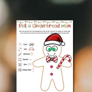May include: A white sheet with a gingerbread man game. The game includes a gingerbread man outline, a red and white striped candy cane, a red bow tie, and a red Santa hat. The text reads "Roll a Gingerbread Man".