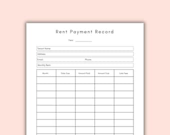 May include: A white document titled "Rent Payment Record" with fields for tenant information and a table to track monthly rent payments. The document includes fields for the tenant's name, address, email, phone, and monthly rent.