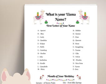 May include: A whimsical llama-themed name game. The design features a llama wearing rainbow sunglasses and a scarf. The game lists names based on the first letter of your name and birth month. The text reads "What is your Llama Name?"