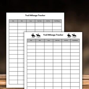 May include: Two white Trail Mileage Tracker sheets with black text and grid lines. The top sheet is partially visible, while the bottom sheet is fully visible. The title "Trail Mileage Tracker" is at the top, with columns for Date, Rider, Horse, Start Time, End Time, and Total Mileage.