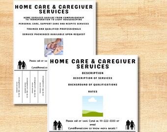 Printable Home care caregiver advertisement poster/tear away flyer for advertising services for seniors and elders