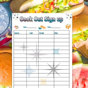 Printable potluck cook out sign up sheet,Summertime Cook out sign up sheet, potluck sheet for bbq party, cookout potluck sign up