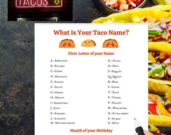 Taco Namensspiel zum Ausdrucken: Fiesta Party Action, Taco Party Namensspiel Partyaktivität, Taco Partyspiel, Taco-Themen-Partyspiele