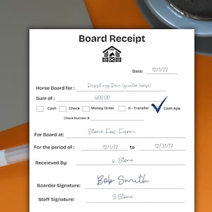 May include: A white "Board Receipt" document with text including "Dazzling Dan (quarter horse)", "$600.00", and "Stone Fox Farm". The date is 12/1/27. The document is signed by Bob Smith.