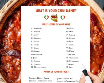 Chili Name Game,Printable Chili cook off Party Activity, chili themed party game, chili cook off party game, chili contest party activity,