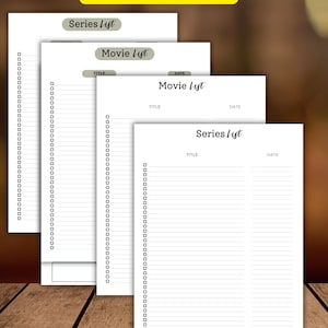 Op de afbeelding: Een stapel witte papieren lijsten met de titels "Series List" en "Movie List" in een handschrift. De lijsten hebben ruimte voor titels en data, met een reeks cirkels om aan te vinken. De tekst "WHAT IS INCLUDED:" en "2 STYLE CHOICES" is ook zichtbaar.