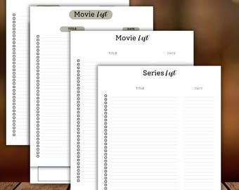 Puede incluir: Una pila de listas de papel blanco con los títulos "Series List" y "Movie List" en una fuente manuscrita. Las listas tienen espacio para títulos y fechas, con una serie de círculos para marcar. También se ve el texto "WHAT IS INCLUDED:" y "2 STYLE CHOICES".