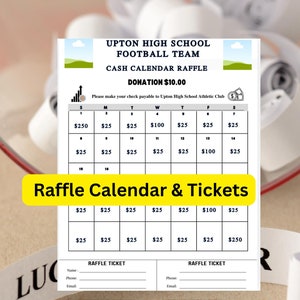 Druckbarer Cash-Kalender Verlosung und Tickets, Cash-Kalender-Verlosung des Sport-Teams, bearbeitet für Ihren Clubsport oder Ihre Veranstaltung, Ihren Kalender und Ihre Tickets