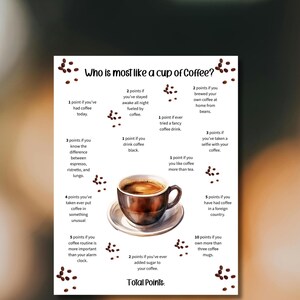 以下が含まれることがあります： 「コーヒーカップに一番近いのは誰？」というタイトルのコーヒーをテーマにしたインフォグラフィック。コーヒーカップがソーサーの上にあり、コーヒー豆に囲まれています。テキストには、コーヒーに関する習慣を判断するための質問が記載されています。