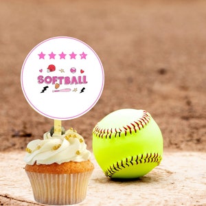 Pink Softball Cupcake Toppers: Printable Party Decorations (PDF)