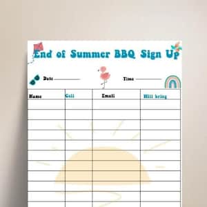 End of Summer BBQ potluck sign up sheet, end of the summer bbq party dish sign up, food list, food menu sign up sheet